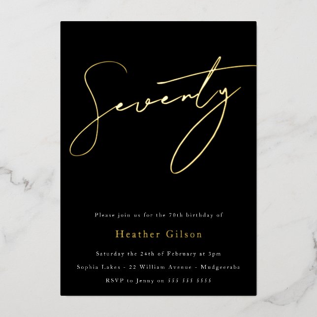 Black & Gold Foil Script 70th Birthday Party (Front)
