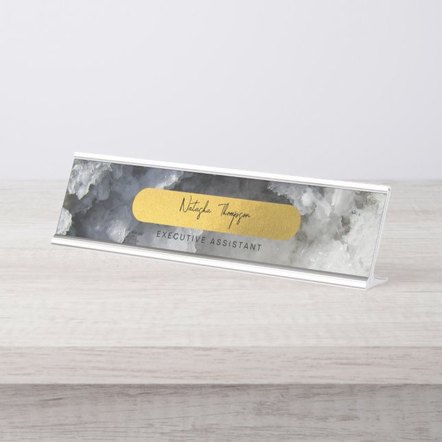 Black Gold Foil Sea Crystals Signature Script  Desk Name Plate (Front)