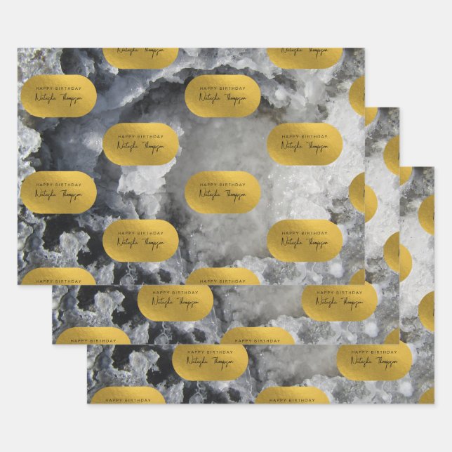Black Gold Foil Sea Crystals Signature Script Wrapping Paper Sheet (Set)