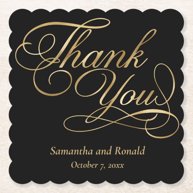 Black & Gold Foil Thank You Calligraphy Wedding Paper Coaster (Front)