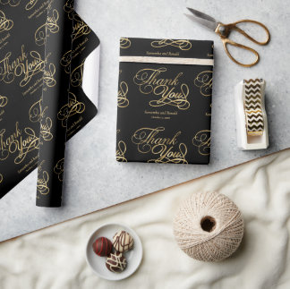 Black & Gold Foil Thank You Calligraphy Wedding Wrapping Paper