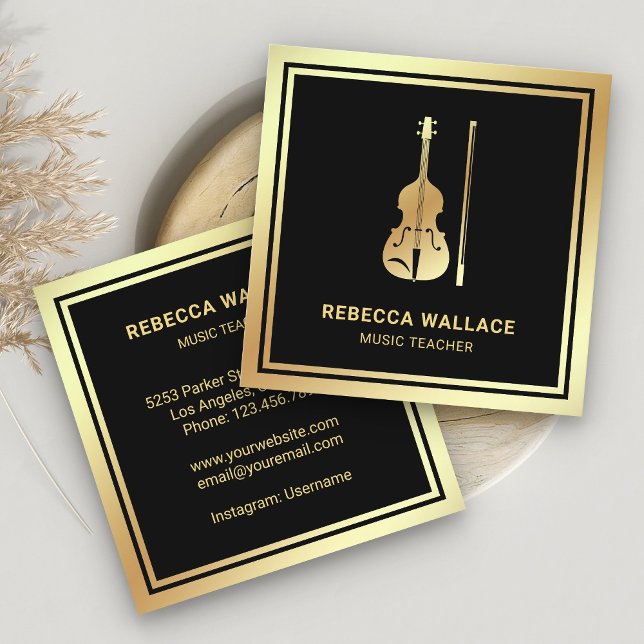 Black Gold Foil Violin Music Teacher Violinist Square Business Card (Creator Uploaded)
