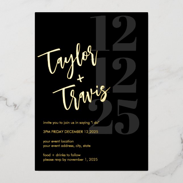 	Black & Gold Foil Wedding/Engagement Invite (Front)