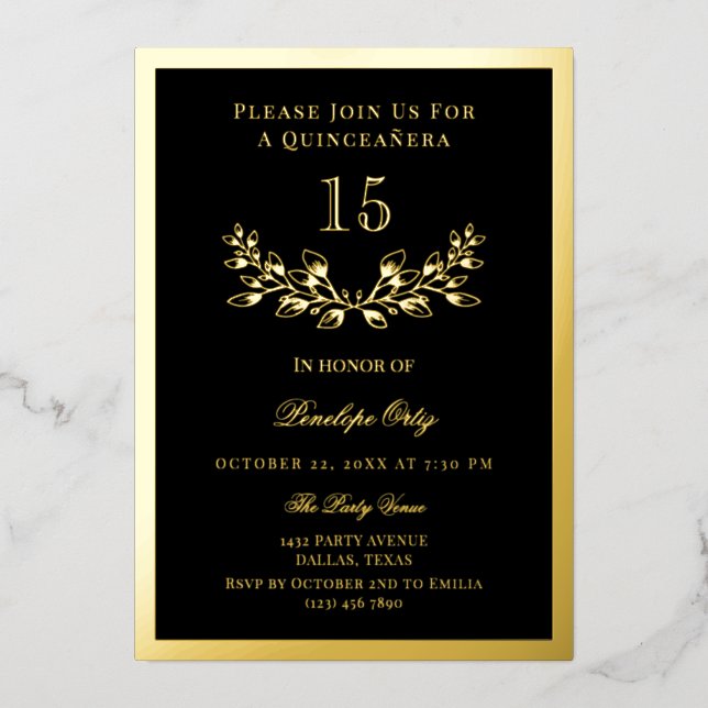 Black & Gold Foil Wreath Quinceañera (Front)