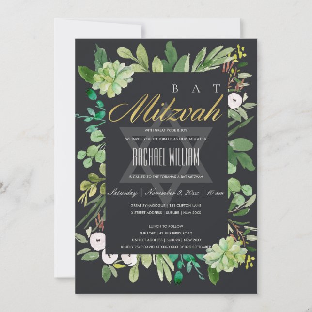 BLACK GOLD FOLIAGE FRAME STAR BAR BAT MITZVAH INVITATION (Front)