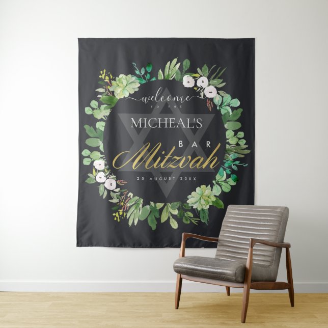 BLACK GOLD FOLIAGE WREATH STAR BAR MITZVAH WELCOME TAPESTRY (In Situ)
