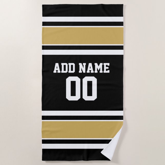 Black Gold Football Jersey Custom Name Number Beach Towel (Front)