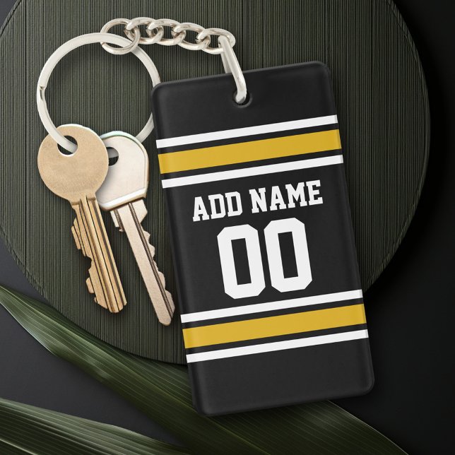 Black Gold Football Jersey Custom Name Number Key Ring (Personalized Keychain - add a monogram or name)
