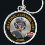Black Gold Football Player Photo Commemorative Key Ring<br><div class="desc">This cool customized black and gold high school football player photo keychain features your team and player name. Personalize with your athlete name next to the ball.</div>