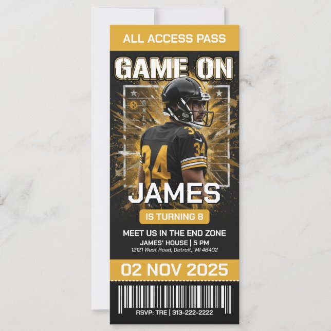 Black & Gold Football Ticket Birthday Invitation (Front)