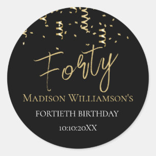Black & Gold Forty Minimal 40th Birthday Party   Classic Round Sticker