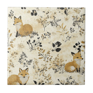 Black Gold Fox Arts Crafts Floral Pattern Ceramic Tile
