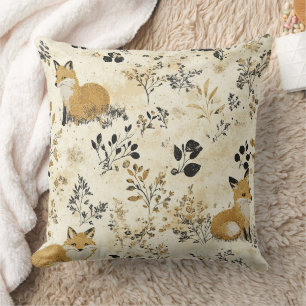 Black Gold Fox Arts Crafts Floral Pattern Cushion