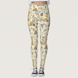 Black Gold Fox Arts Crafts Floral Pattern Leggings
