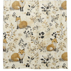 Black Gold Fox Arts Crafts Floral Pattern Shower Curtain
