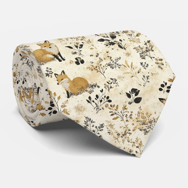 Black Gold Fox Arts Crafts Floral Pattern Tie (Rolled)