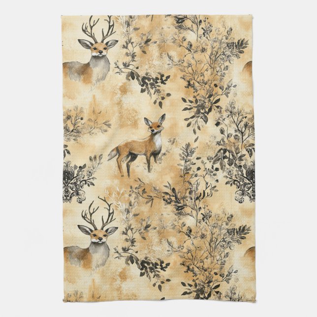 Black Gold Fox Botanical Victorian Pattern Tea Towel (Vertical)