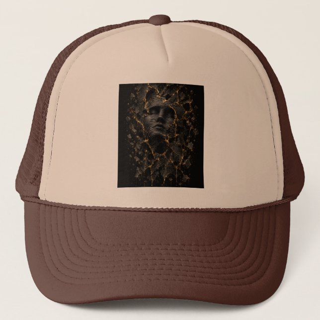 Black & Gold Fractured Face – Luxury Abstract 3D Trucker Hat (Front)