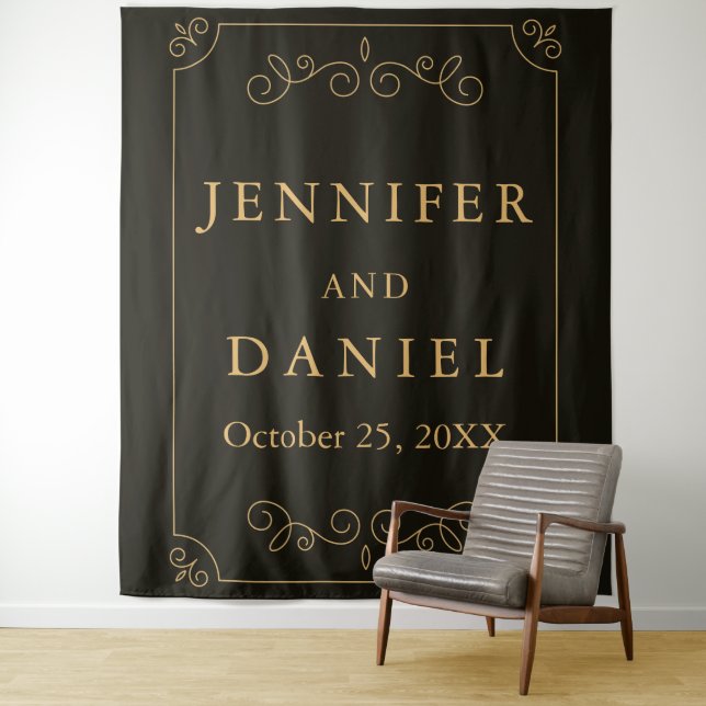Black Gold Frame Borders Wedding Booth Backdrop Tapestry (In Situ)