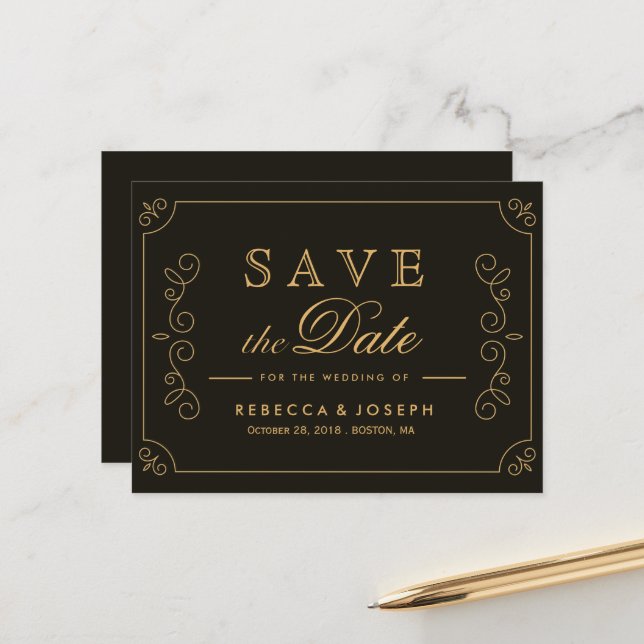 Black Gold Frame Borders Wedding Save The Date Postcard (Front/Back In Situ)
