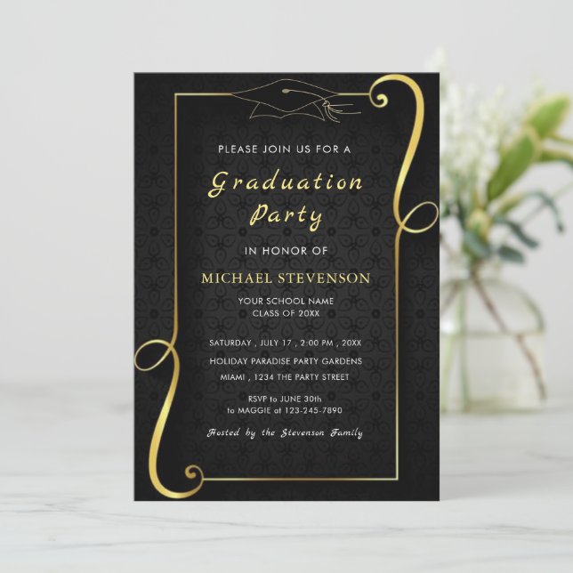 Black Gold Frame Cap Graduation Party Invitation (Standing Front)