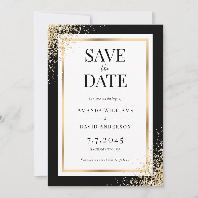 Black Gold Frame Confetti Wedding Save The Date (Front)