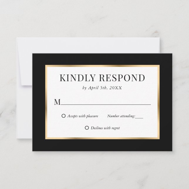 Black Gold Frame Elegant Modern Wedding RSVP Card (Front)