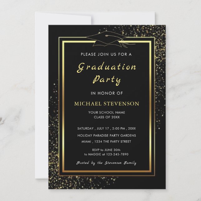 Black Gold Frame Graduation Party Cap Invitation (Front)