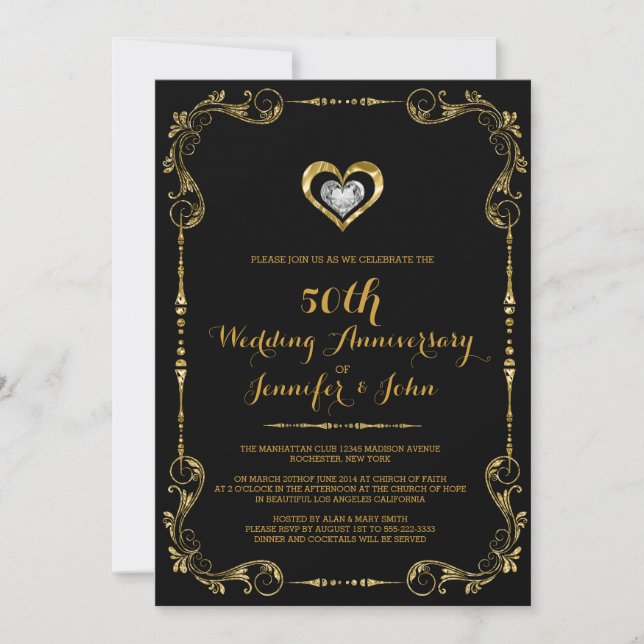 Black & Gold Frame, Heart Silver Anniversary Invitation (Front)