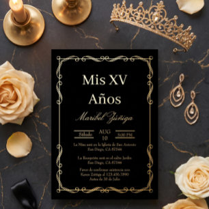 Black Gold frame Quinceanera invitation