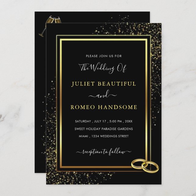 Black Gold Framed Glitter Wedding Invitation (Front/Back)