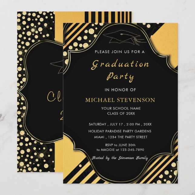 Black Gold Framed Graduation Invitation Template (Front/Back)