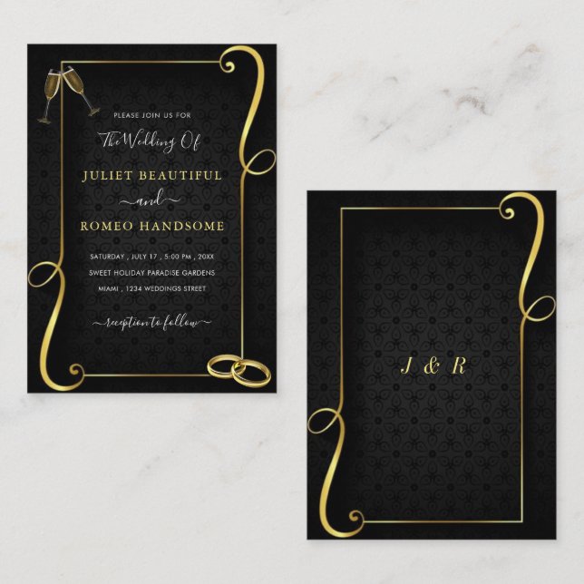 Black Gold Framed Wedding Invitations Template (Front/Back)