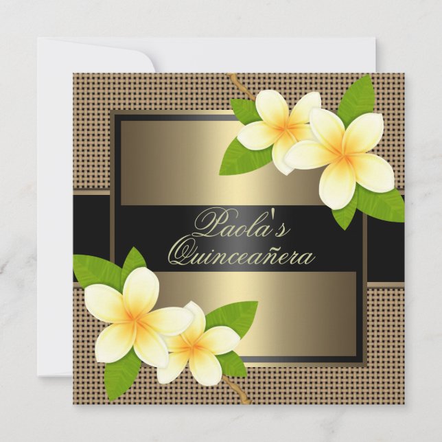 Black & Gold Frangipani Quinceañera Invitation (Front)