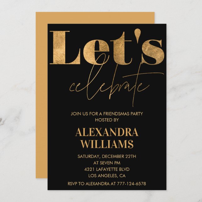 Black Gold Friendsmas invitations Let's celebrate (Front/Back)