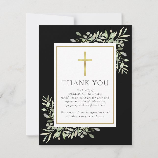 Black Gold Funeral Memorial Christian Photo Thank You Card (Front)