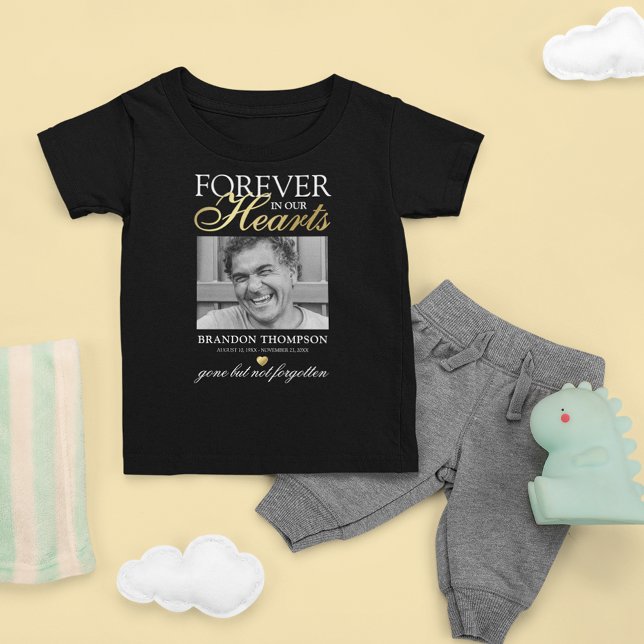 Black Gold Funeral Photo Memorial Baby T-Shirt (Creator Uploaded)