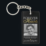 Black Gold Funeral Photo Memorial Keepsake Key Ring<br><div class="desc">Elegant funeral memorial commemorative keychain featuring a picture of your lost loved one,  the text "forever in our hearts",  their name,  birth/death dates,  a faux gold foil heart,  and the remembrance saying "gone but not forgotten".</div>