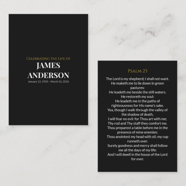 Black Gold Funeral Prayer Card | Psalm 23 (Front/Back)