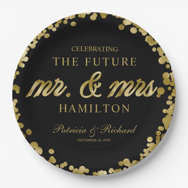 Black Gold Future Mr and Mrs Engagement Party Paper Plate (Front)