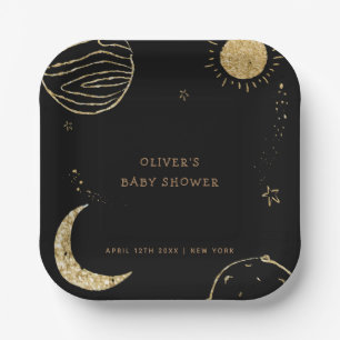 Black Gold Galaxy Moon Star Boy Baby Shower  Paper Plate
