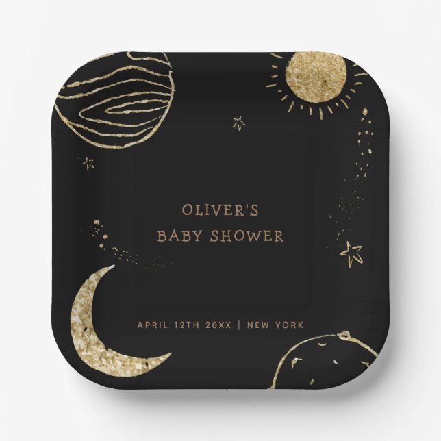 Black Gold Galaxy Moon Star Boy Baby Shower  Paper Plate (Front)