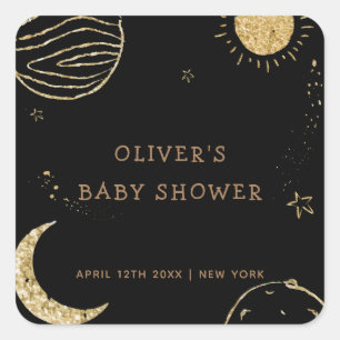 Black Gold Galaxy Moon Star Boy Baby Shower  Square Sticker