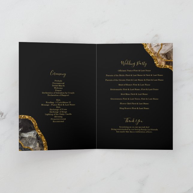 Black Gold Geode Wedding Program Order of Service (Inside)