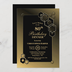 Black Gold Geometric 80th Birthday Dinner Party Invitation