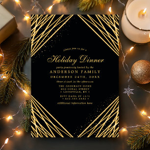 Black Gold Geometric Abstract Lines Holiday Dinner Invitation