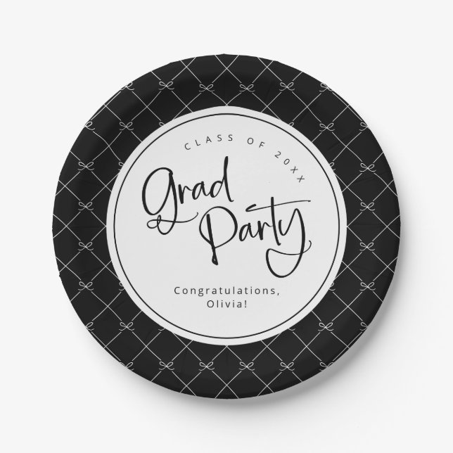 Black Gold Geometric Bows Pattern Grad Party Paper Plate (Front)
