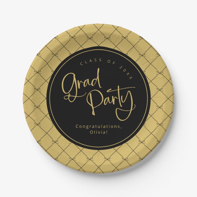 Black Gold Geometric Bows Pattern Grad Party Paper Plate (Front)