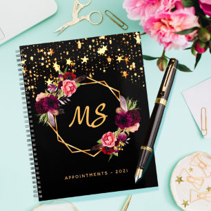 Black gold geometric burgundy floral monogram 2021 planner
