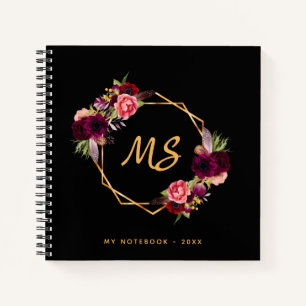 Black gold geometric burgundy floral monogram chic notebook